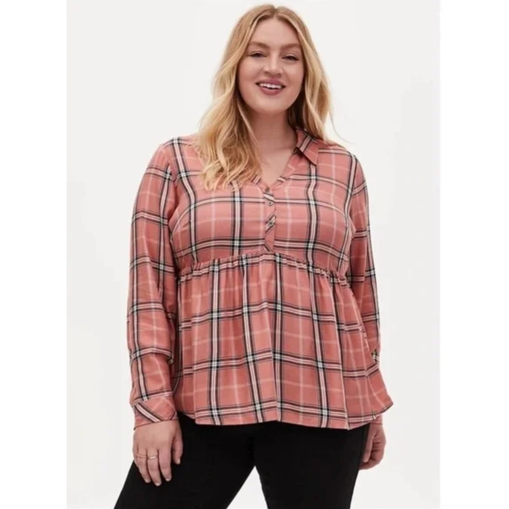 Torrid Pink Plaid Twill Peplum Blouse Size 3X NWT Button Popover Plus‎ Top